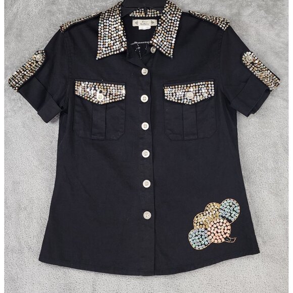 Free For Humanity Shirt Womens Small Black Sequined Button Up Short Sleeve Retro - Picture 2 of 9